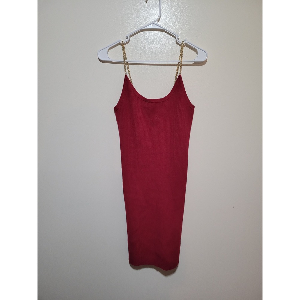 Sam Edelman Ribbed Knit Bodycon Dress Womens Small Red Gold Chain‎ Strap